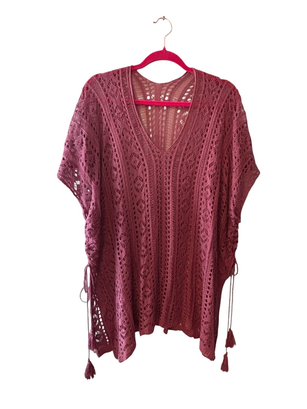 Boho Crochet Swim Cover Up OS Ruched Tassel Sides Sheer Beach Top
